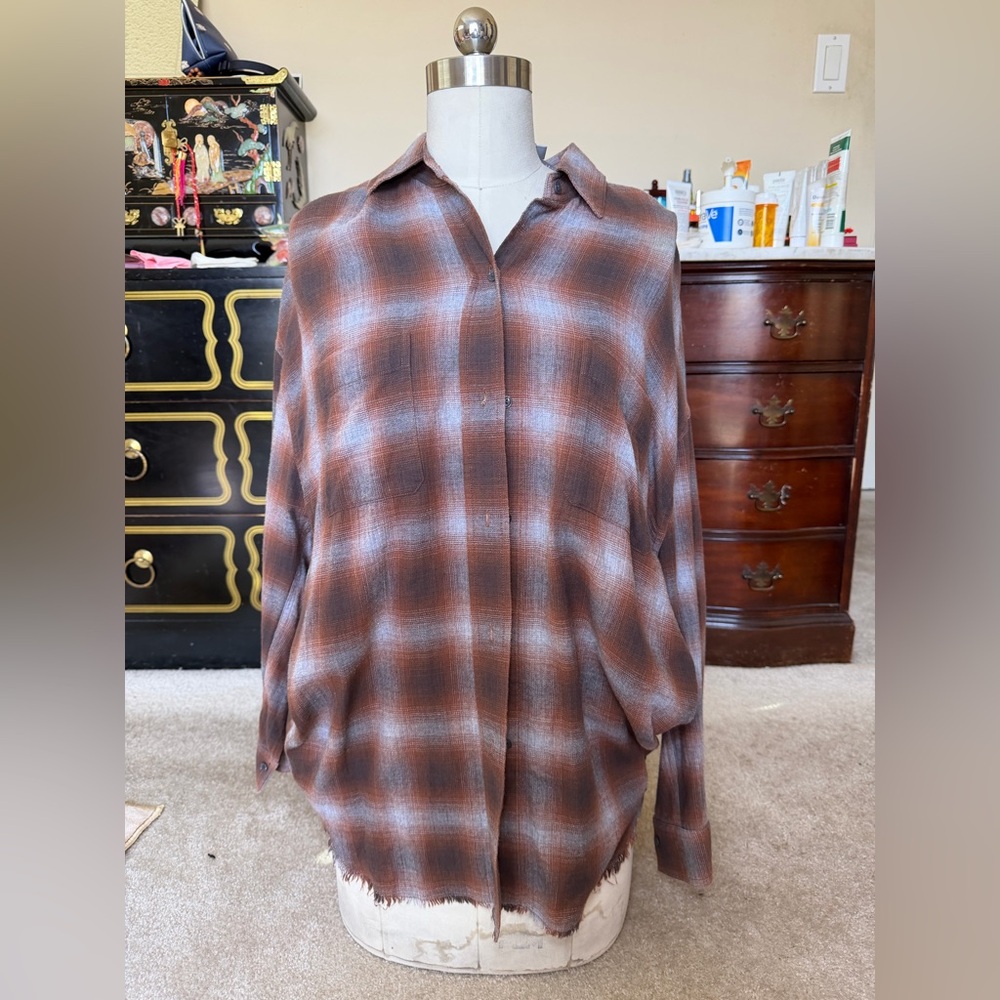 Vince Men’s Brown Plaid Oversized Button-Up Shirt